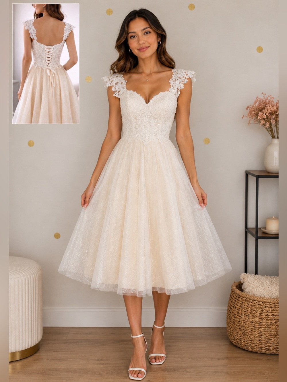 Romantic knee high Lace A-Line Wedding Dress – Corset Back – US 6-8 – 32” Bust